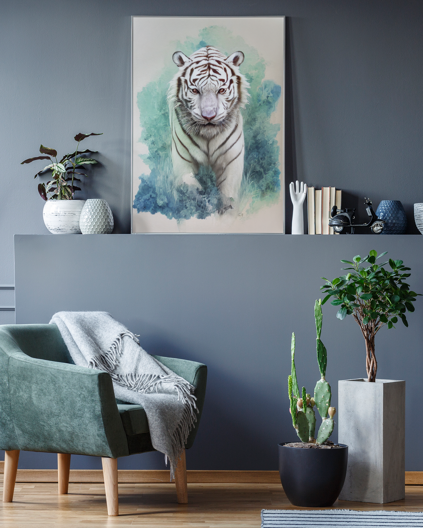 Kunst Aquarell Gemälde eines weißen Tigers - White Tiger - Vincent van AI