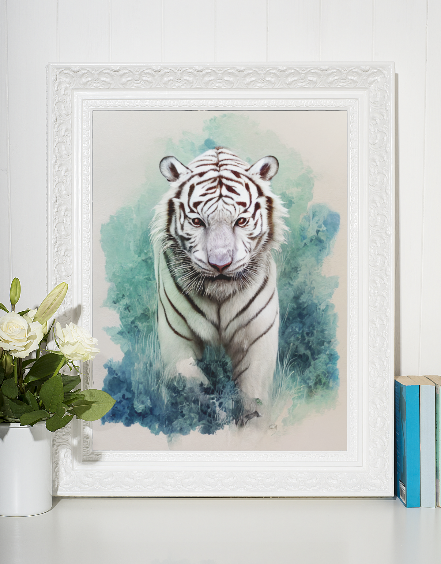 Kunst Aquarell Gemälde eines weißen Tigers - White Tiger - Vincent van AI